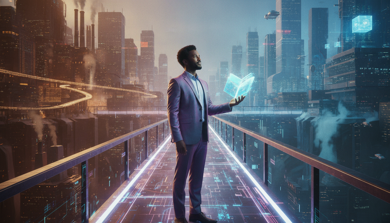 A founder stands on a digital bridge between an old and new tech landscape, holding a glowing key, symbolizing a successful domain transfer and new beginnings.