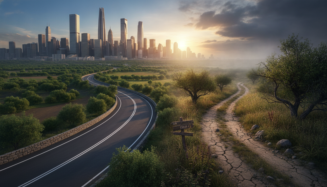 Two diverging roads, one clear and leading to a prosperous city, the other overgrown and leading to an uncertain horizon, symbolizing the choice between a strategic and a temporary domain.