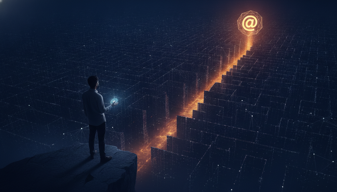 A founder with a digital compass navigating a complex, glowing digital maze towards a brightly lit, iconic domain name, symbolizing expert guidance in domain negotiation.