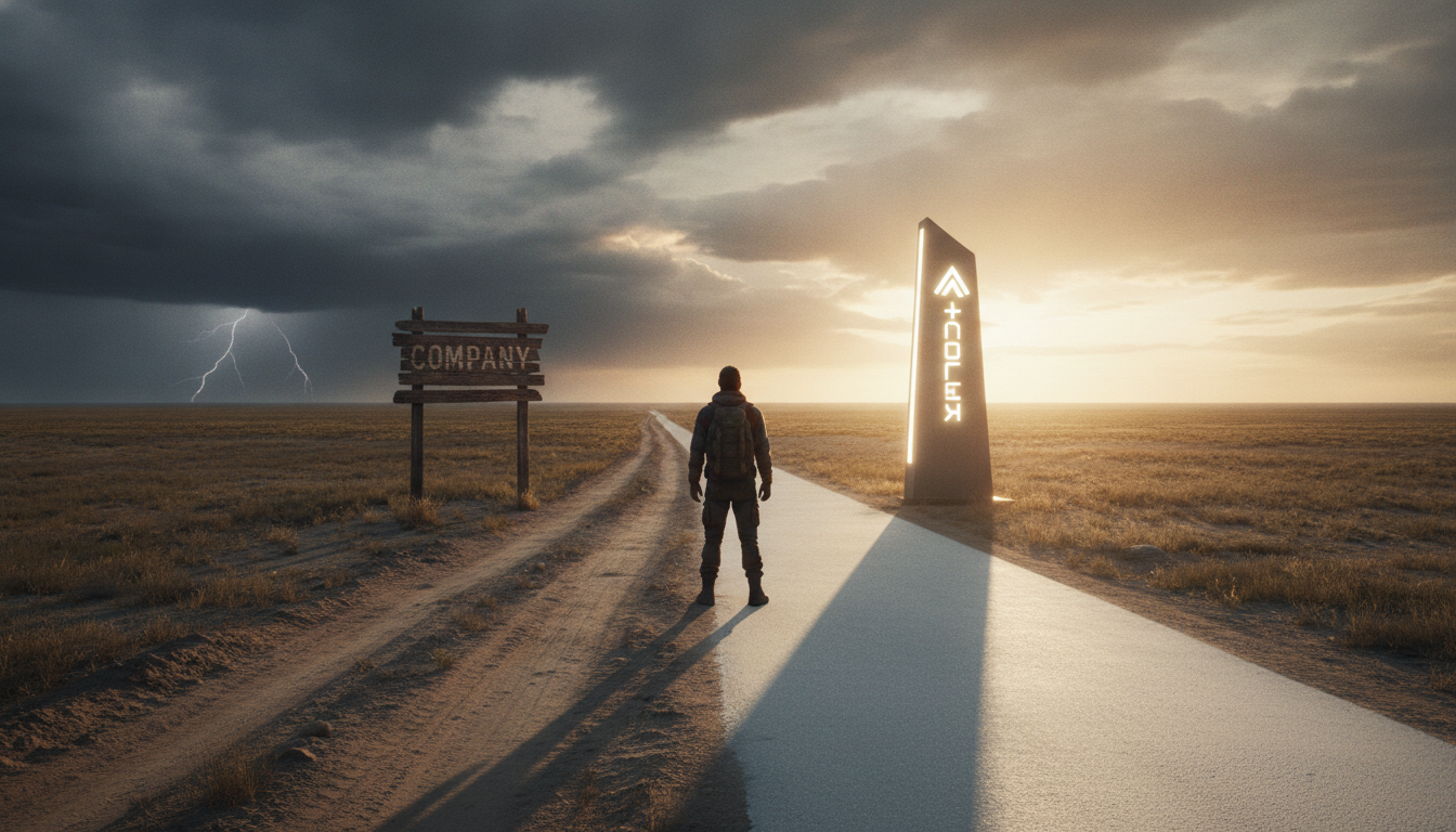 A lone figure stands at a crossroads, choosing between a faded path with an old, crumbling company sign and a new, pristine path leading to a bright, modern sign, symbolizing the decision between rebranding or getting the name right from the start.