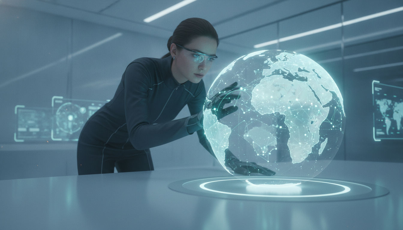 Person examining a holographic globe, representing thorough domain due diligence and global research.