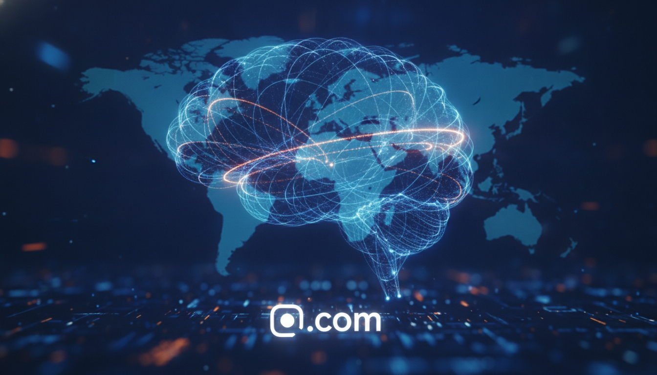 An abstract digital network with glowing lines and nodes, subtly outlining a globe, with a prominent, minimalist glowing '.com' icon in the foreground, symbolizing global digital presence and strategic domain choice.