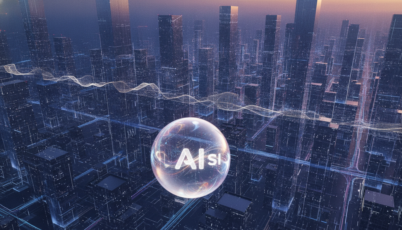 Futuristic digital cityscape at twilight with glowing data streams, symbolizing the evolution of AI and SI, and the strategic choice of startup domains.