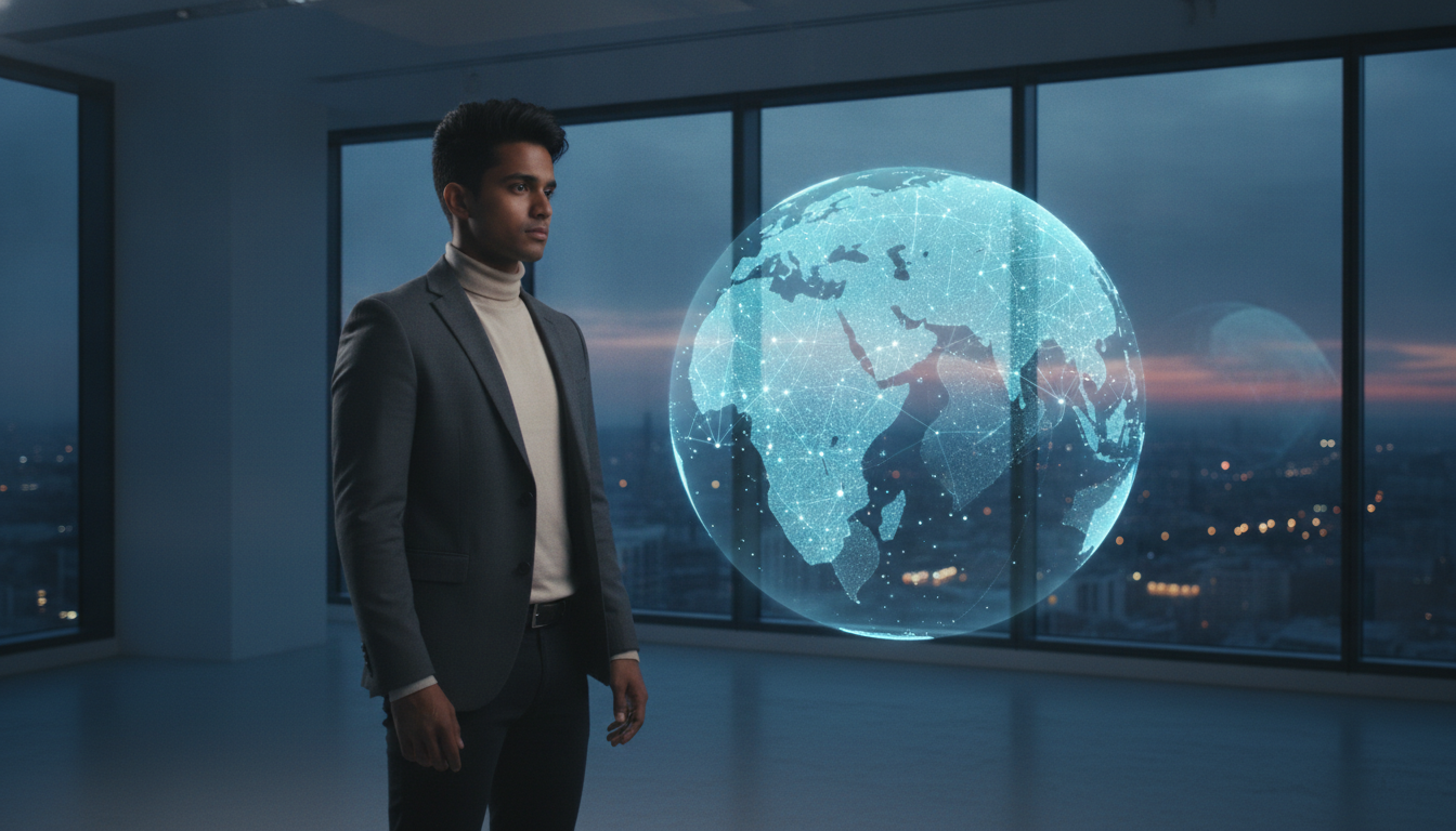 Startup founder looking at a holographic globe, symbolizing global domain strategy and digital reach.