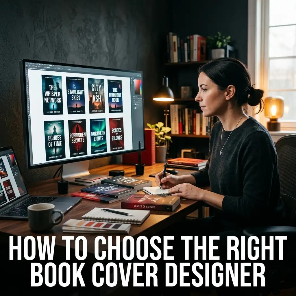 How to choose the right book cover designer, a professional designer reviewing multiple book covers on a monitor