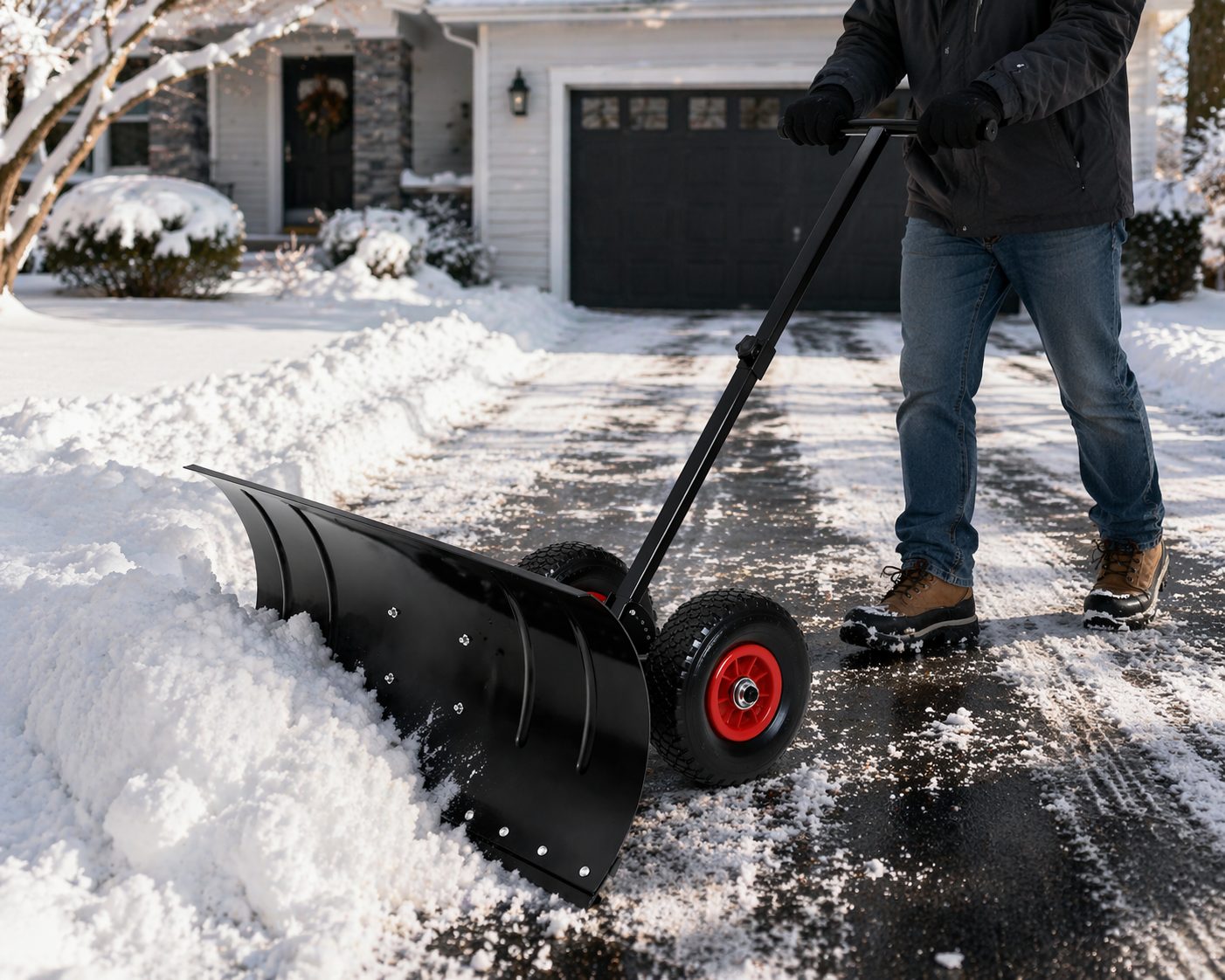 Heavy Duty Adjustable Snow Pusher with Wheels 30 Inch Steel Blade Snow Shovel for Driveway & Walkway