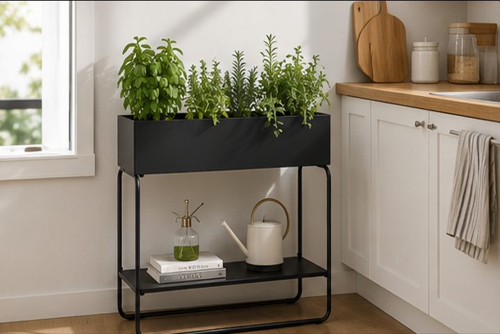 Black metal indoor plant stand used as a kitchen herb station near a sunny window