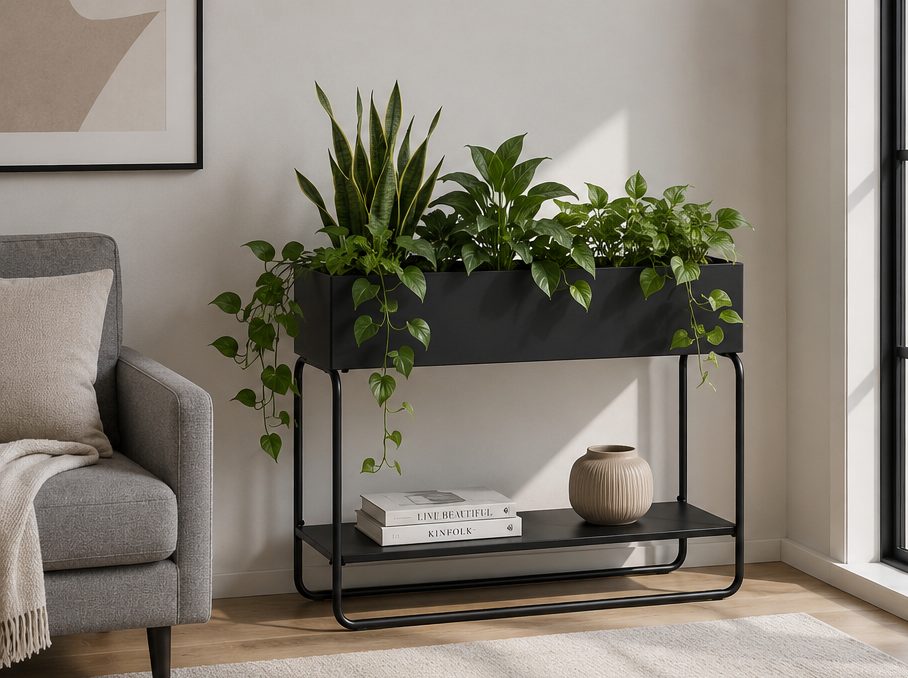 Black metal indoor plant stand with trailing plants beside a sofa in a modern living room