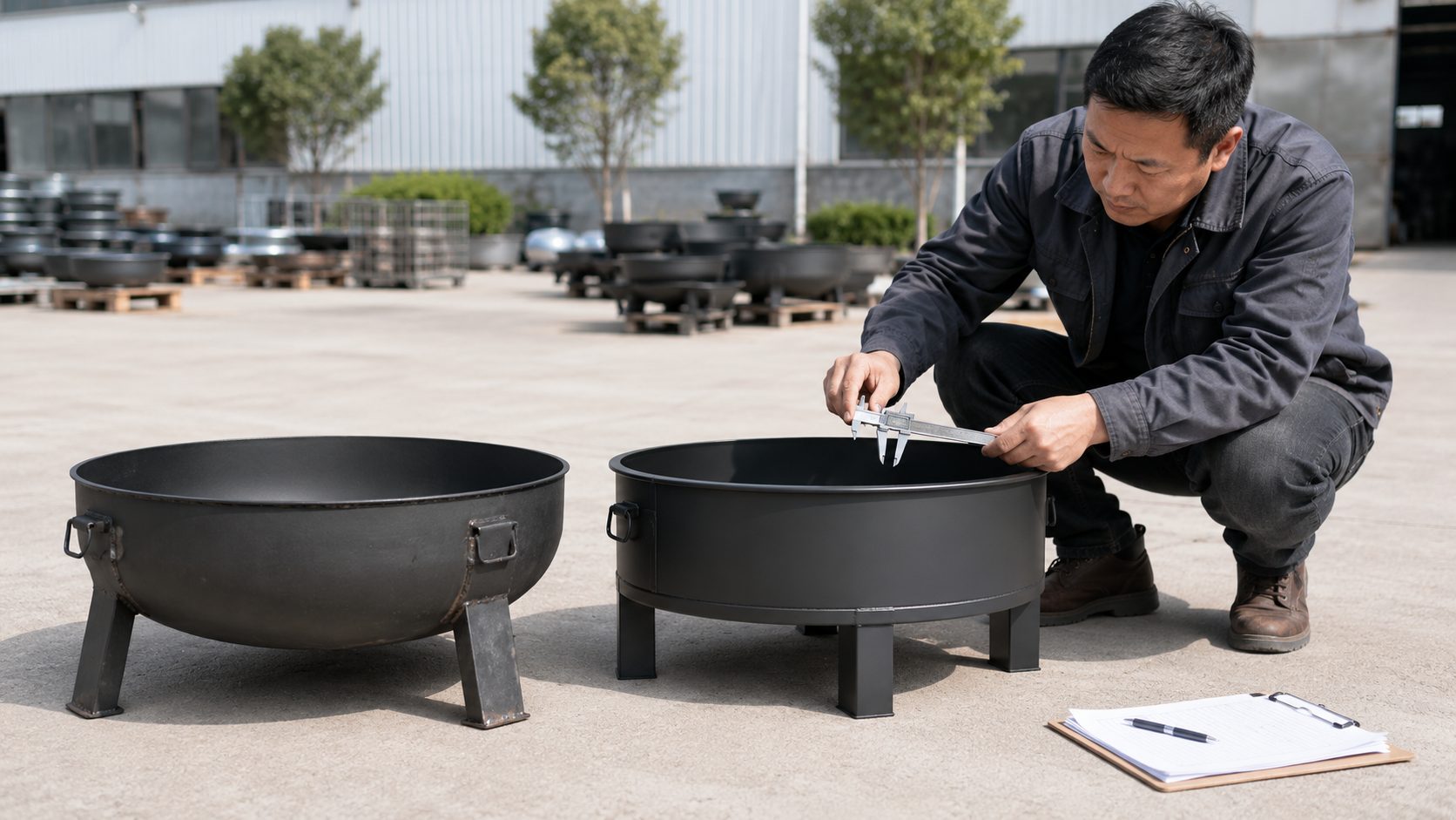 Factory inspector measuring the metal thickness of two black outdoor fire pit bowls with a caliper.