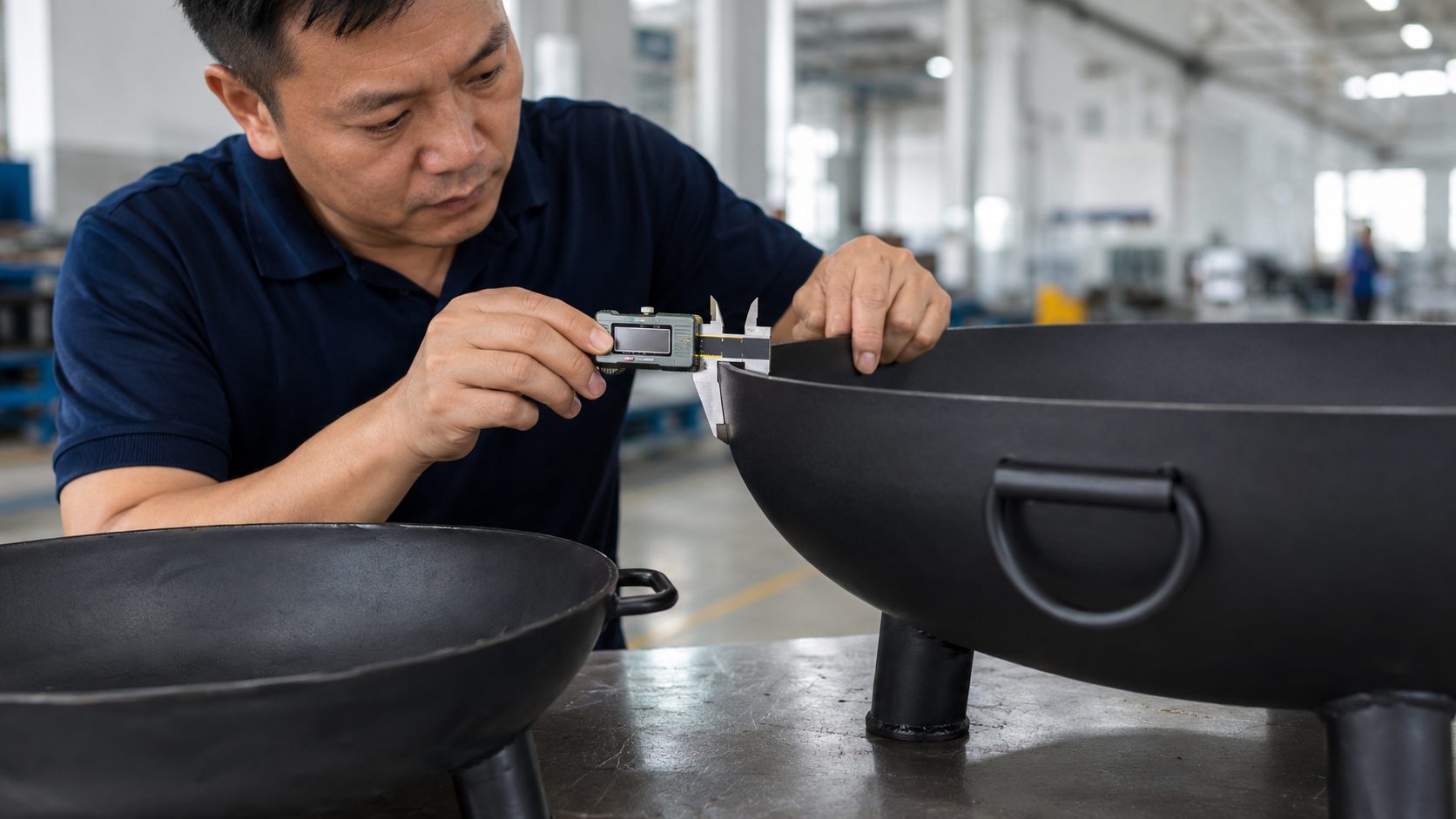 Factory inspector measuring the metal thickness of two black outdoor fire pit bowls with a caliper.