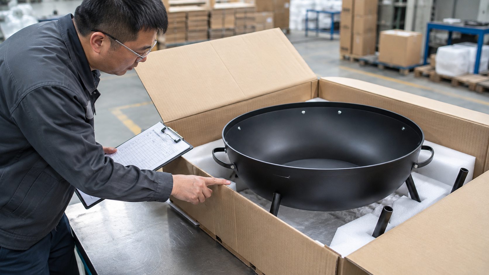 Factory inspector measuring the metal thickness of two black outdoor fire pit bowls with a caliper.