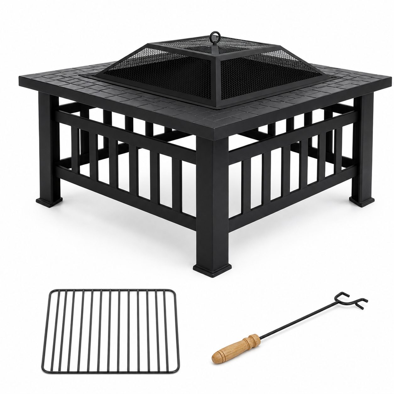 Square black metal outdoor fire pit with mesh spark guard, cooking grate, and fire poker on a white background.
