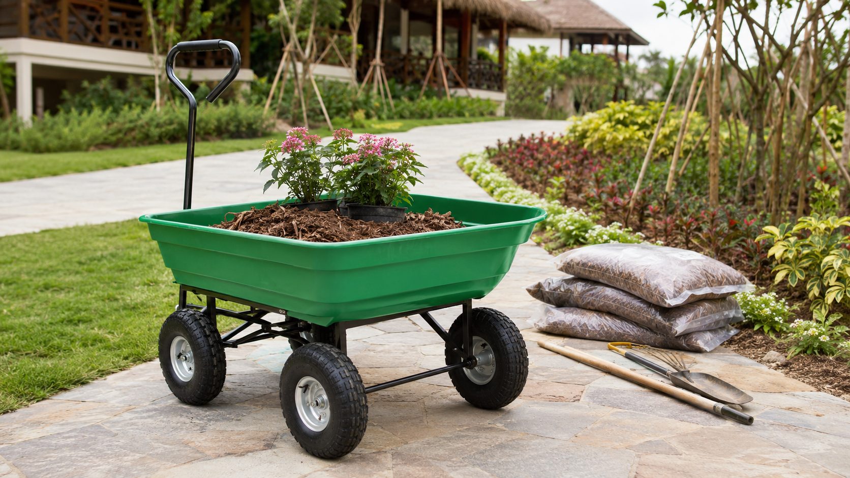 Four-wheel poly garden cart carrying mulch and plants in a resort landscaping project