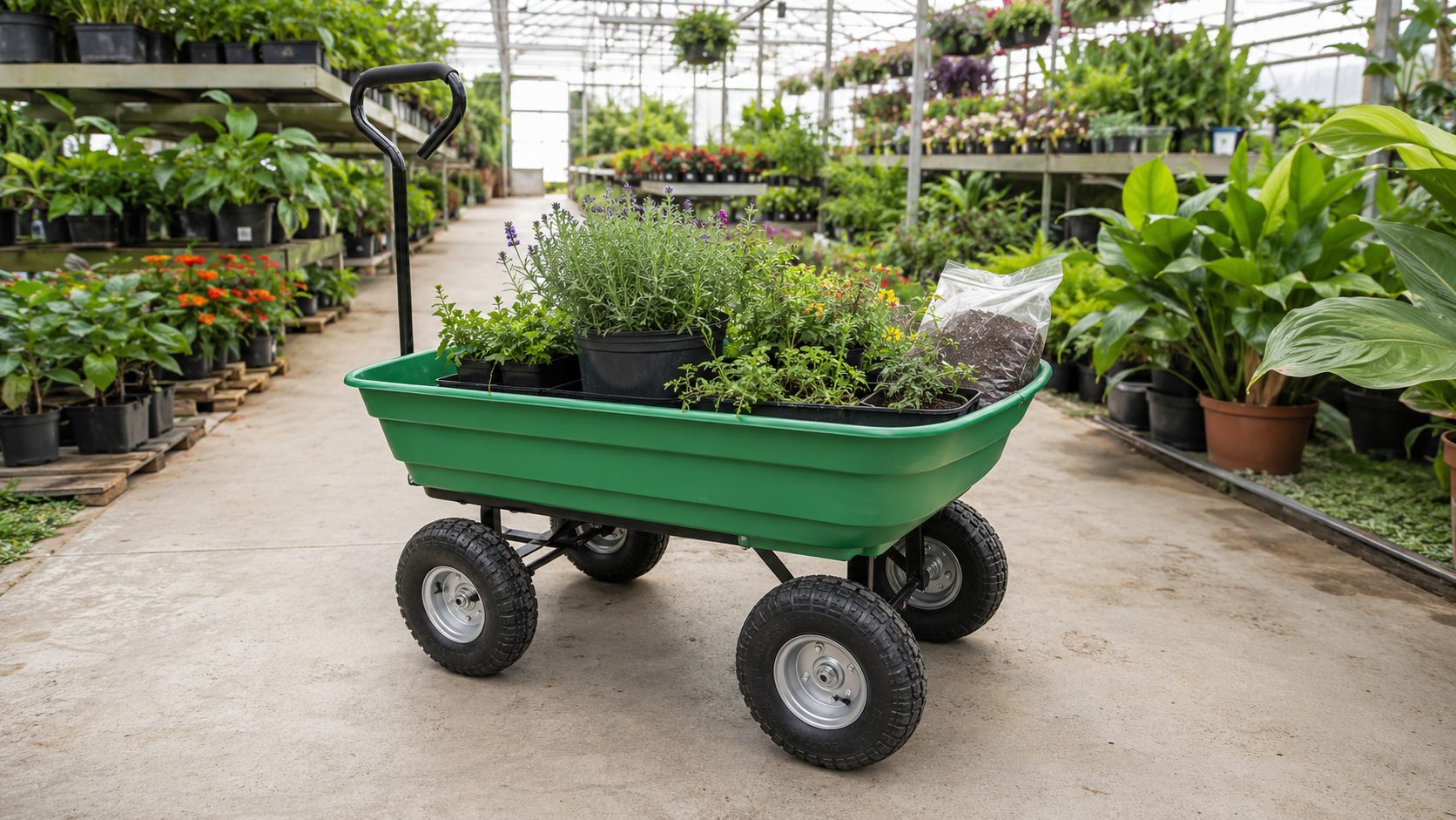 Four-wheel poly garden cart transporting plants and potting mix in a commercial nursery