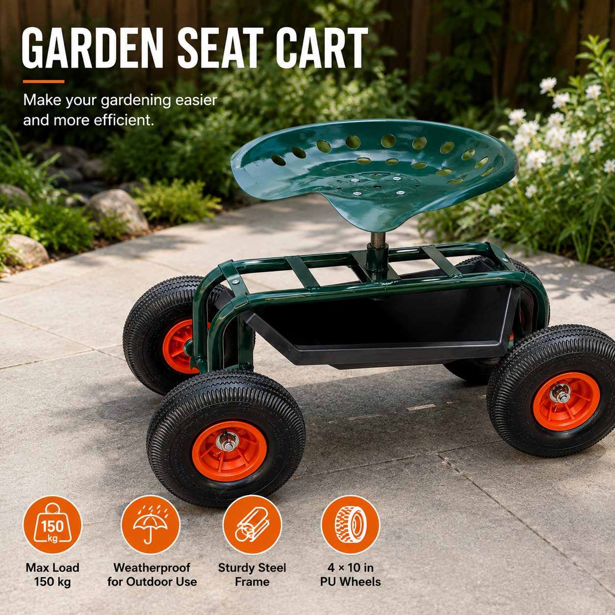 Rolling garden seat with four 10-inch PU wheels, steel frame and integrated tool storage tray
