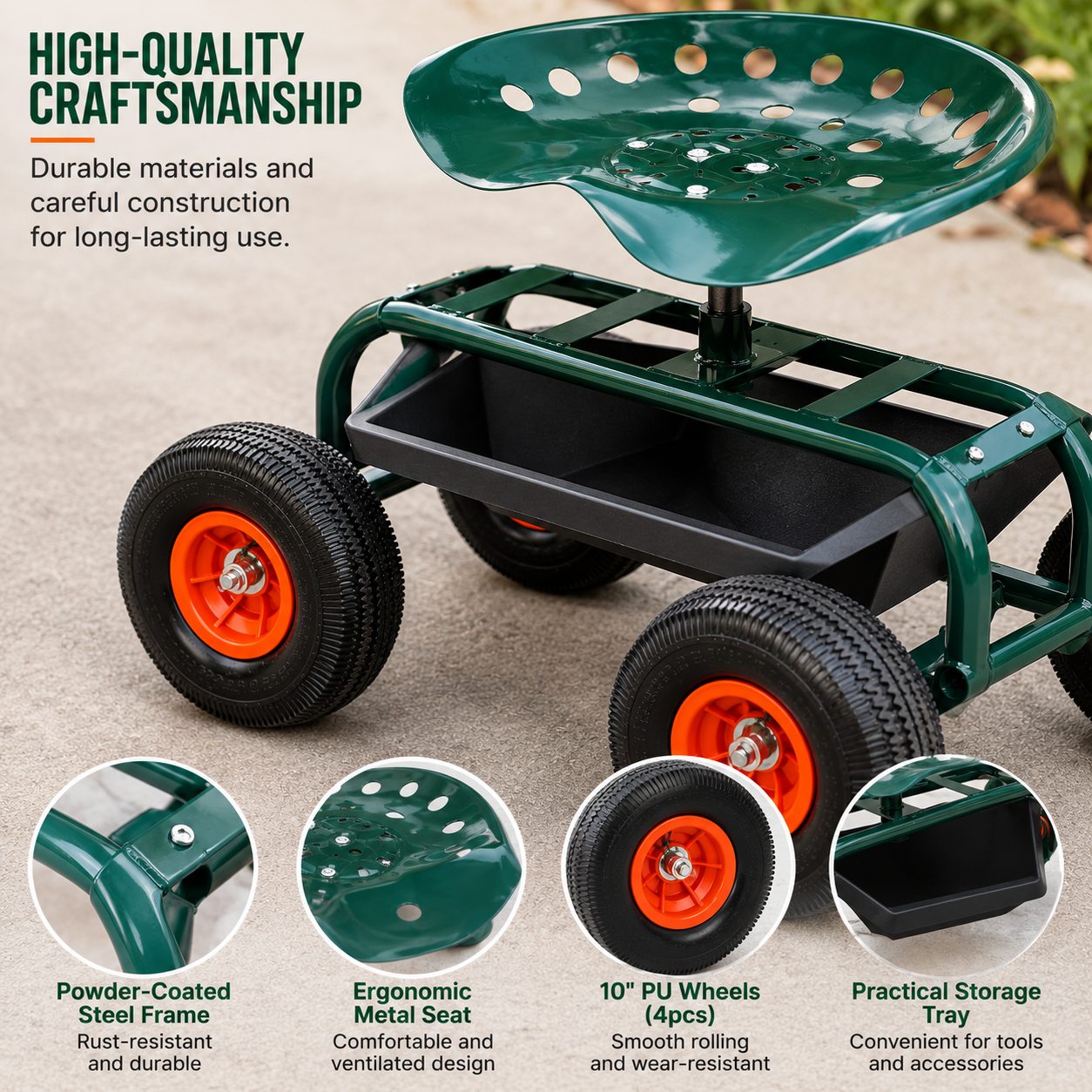 Rolling garden seat with 10-inch PU wheels and integrated tool tray