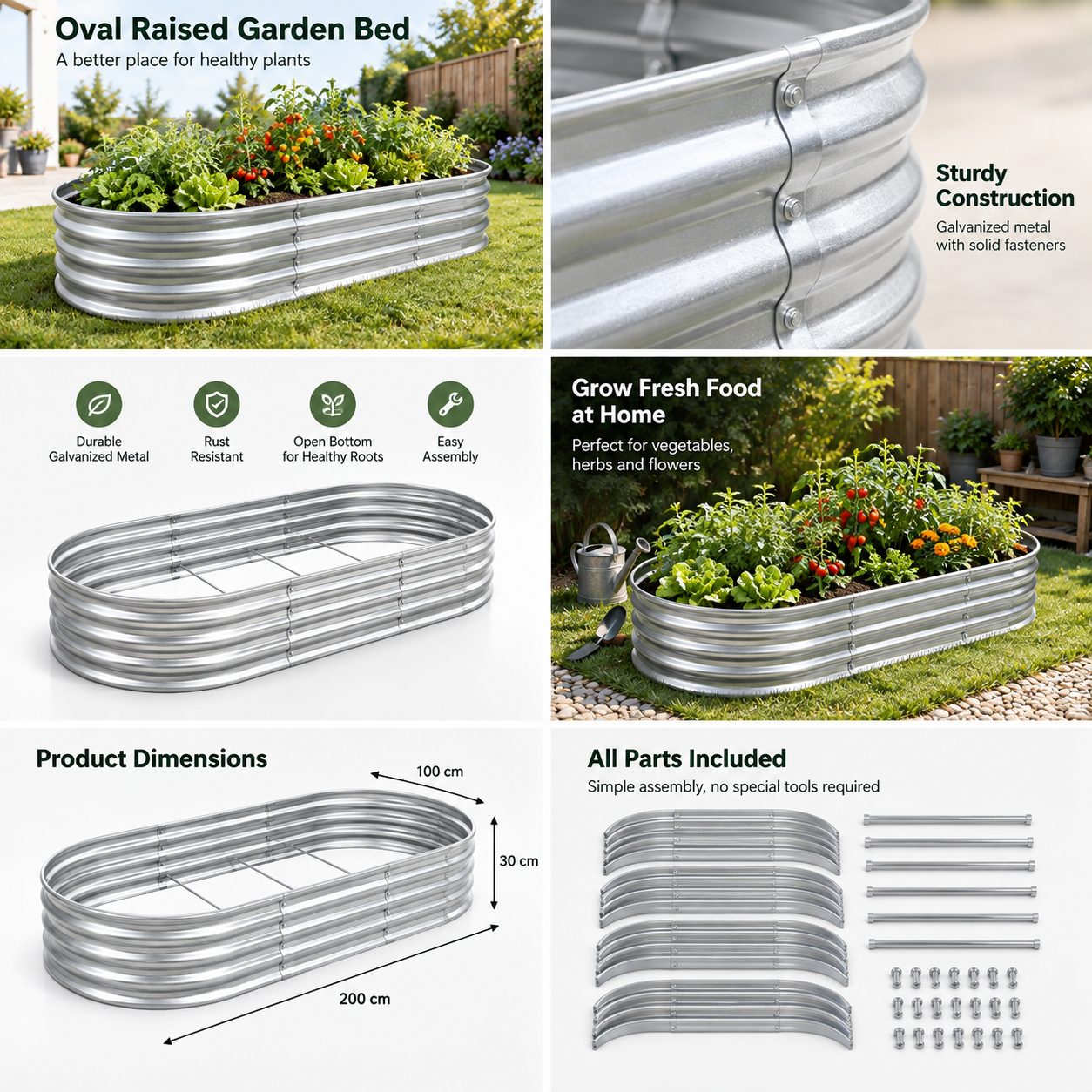Silver metal raised garden bed featuring an open bottom and internal support bars.