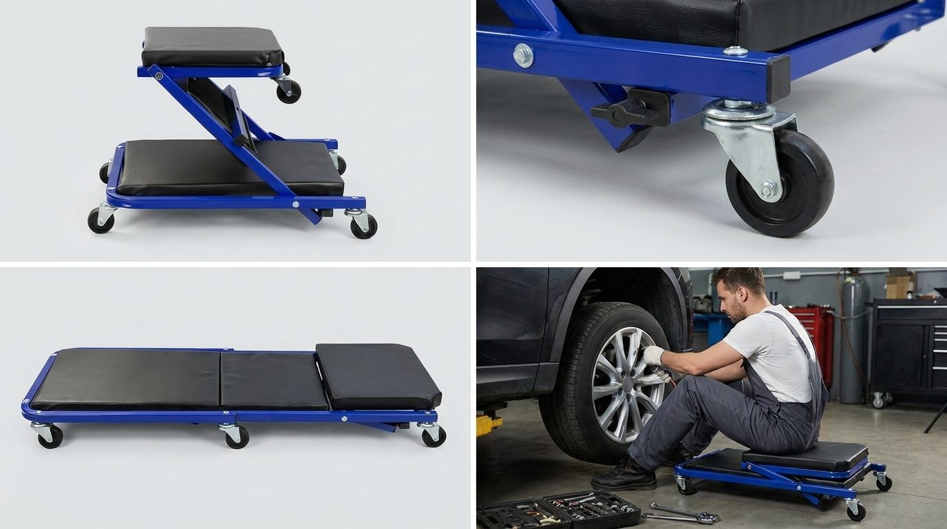 40-inch 3-in-1 convertible mechanic creeper seat shown in three working configurations