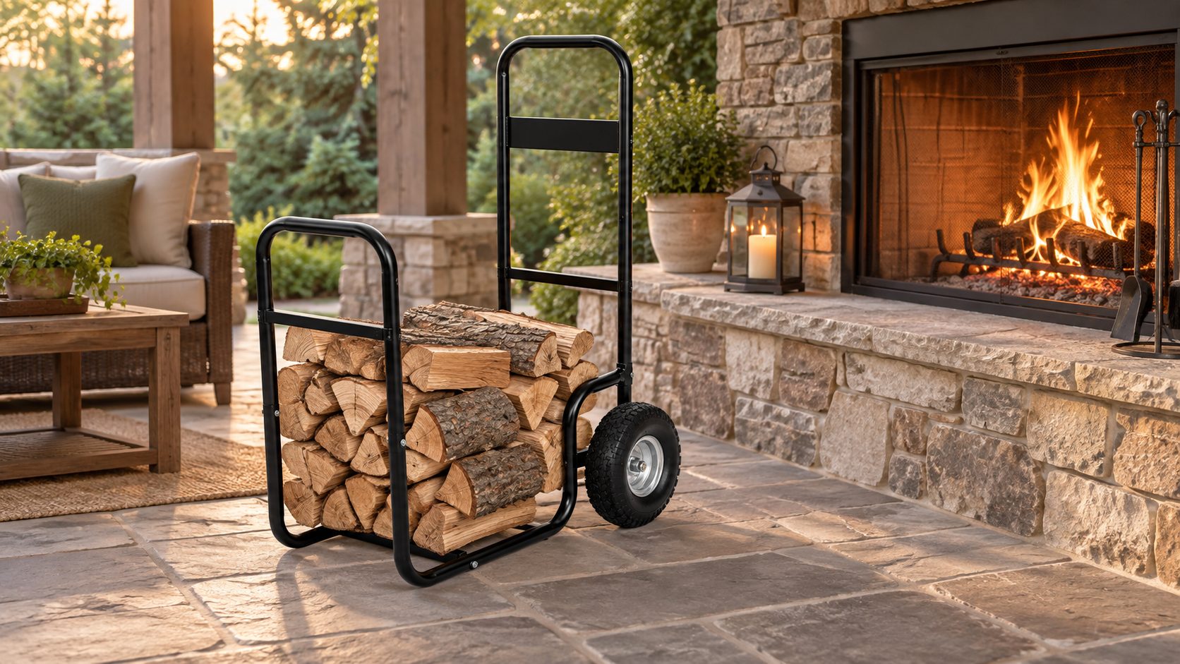 Two-wheel black metal firewood cart used as an organized log storage rack beside an outdoor stone fireplace