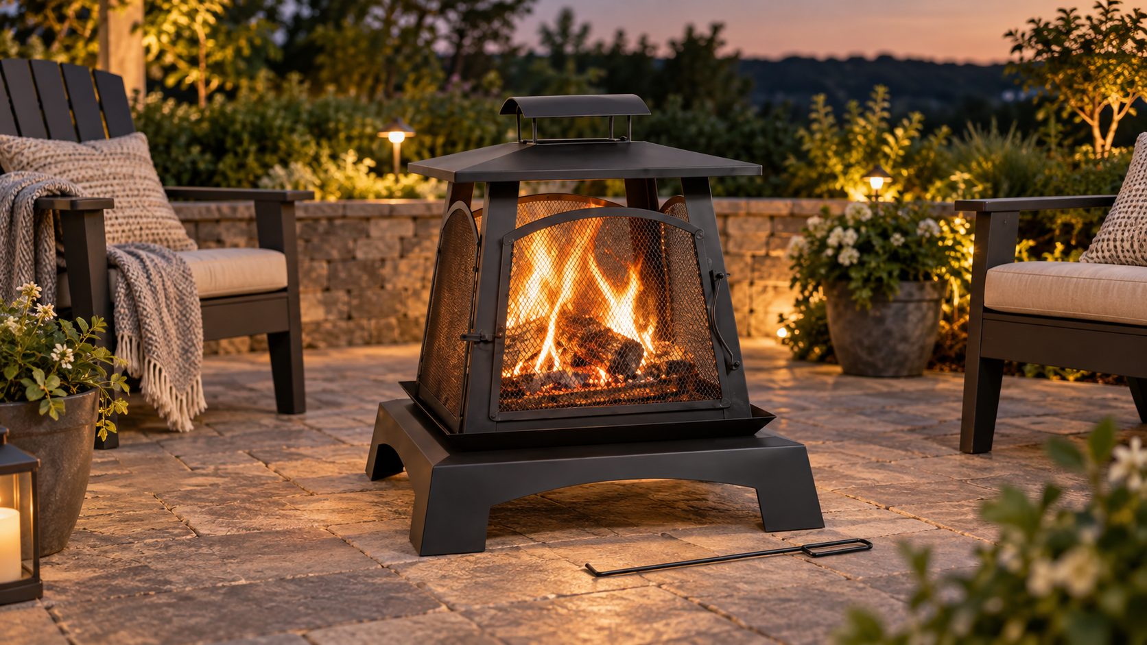 Adult using a fire poker to open the mesh door and add wood to a pagoda-style outdoor fire pit