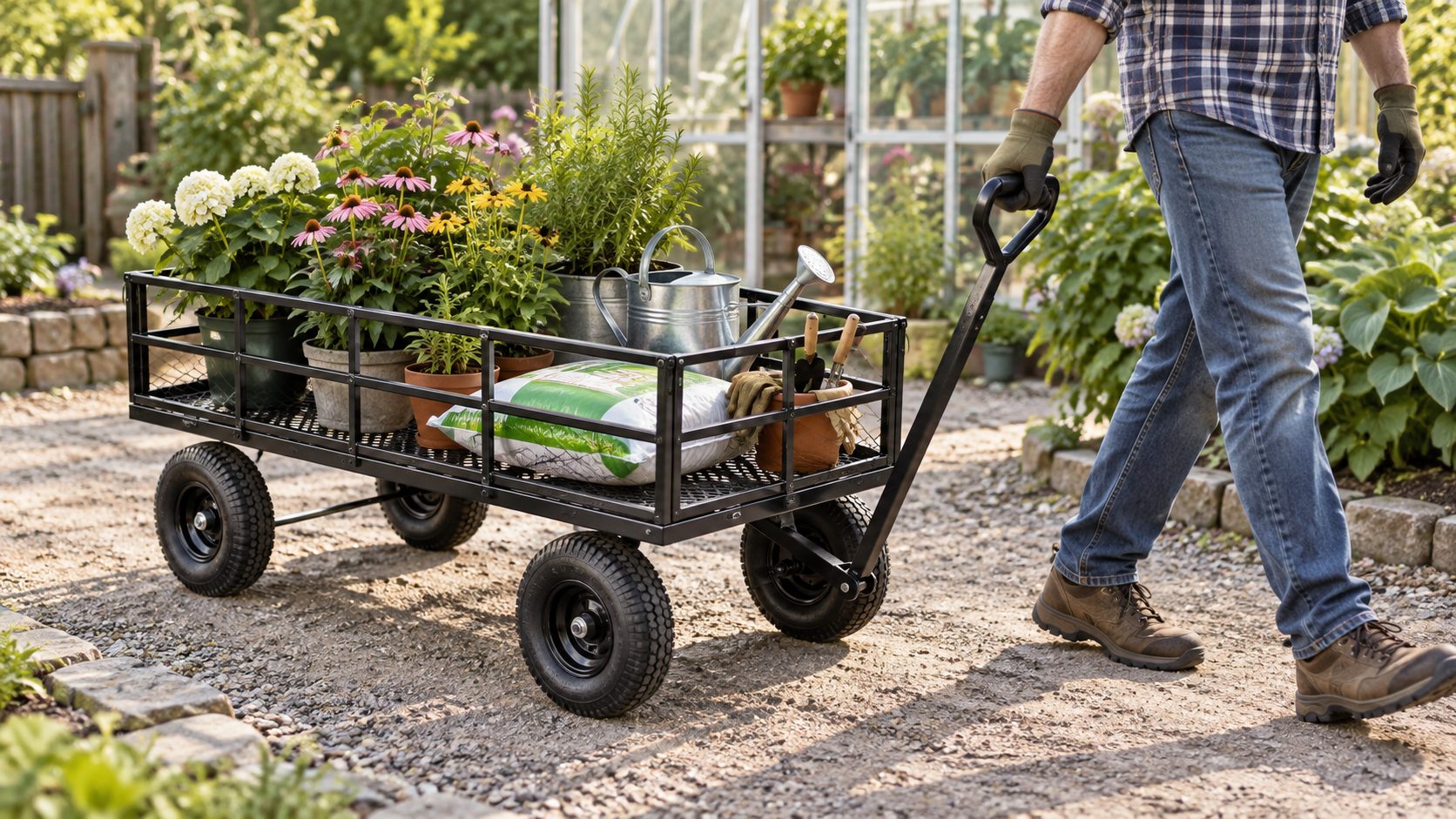 Black four-wheel steel mesh garden cart with raised side rails, pull handle and pneumatic-style tires