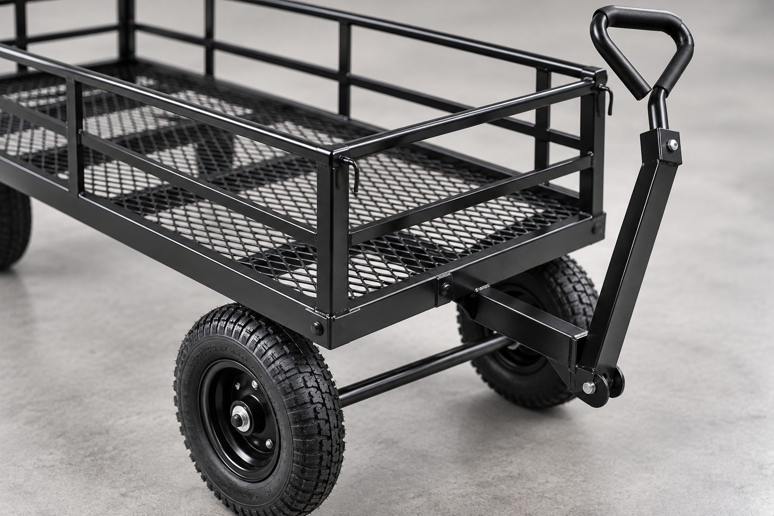 Close-up of a steel mesh garden cart showing the D-grip pull handle, front steering assembly, wheel and welded frame