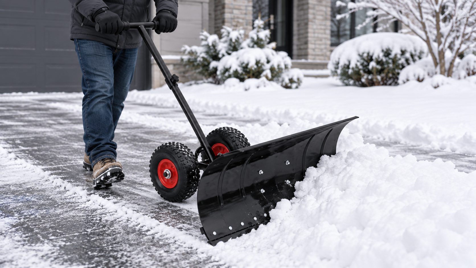 Maintenance worker using a black wheeled snow pusher to clear fresh snow from a commercial sidewalk