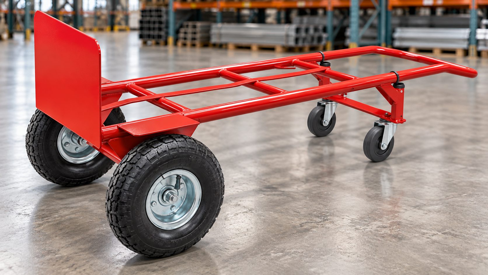 Close-up of a red long-material handling cart with pneumatic wheels, swivel casters and tubular steel frame