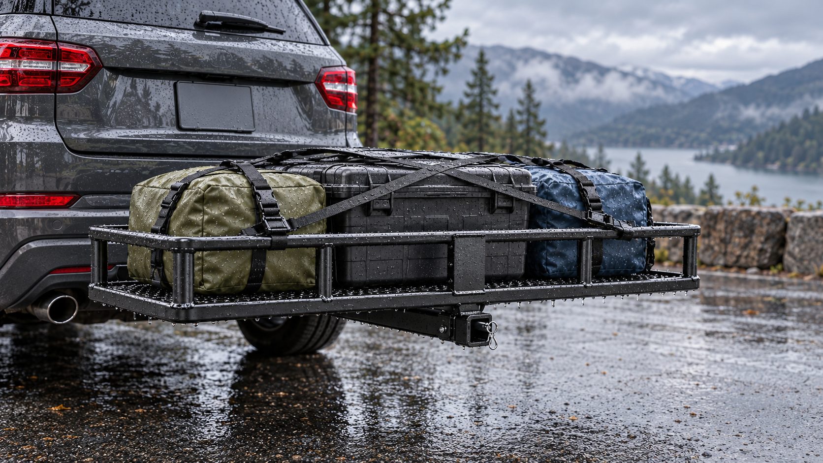 Hitch cargo carrier holding secured waterproof bags and a hard storage box behind an SUV in wet weather