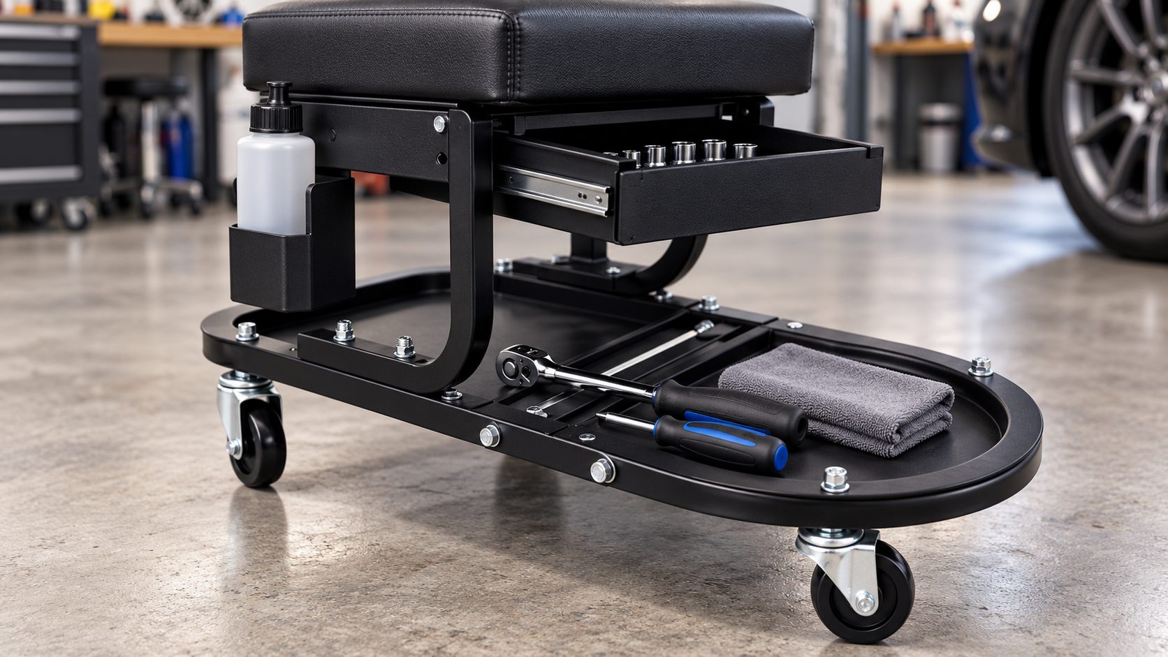 Close-up of a black rolling mechanic seat with storage drawer, lower tool tray, bottle holder and swivel casters