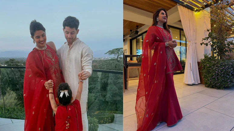 Priyanka Chopra Celebrates Karwa Chauth in a Traditional Red Look With Nick Jonas and Daughter Malti