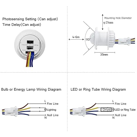 PIR Motion Sensor Switch, 110° 4-6m, Adjustable Time Delay, Day Night Auto ON/OFF, AC 120-240V for LED Lights