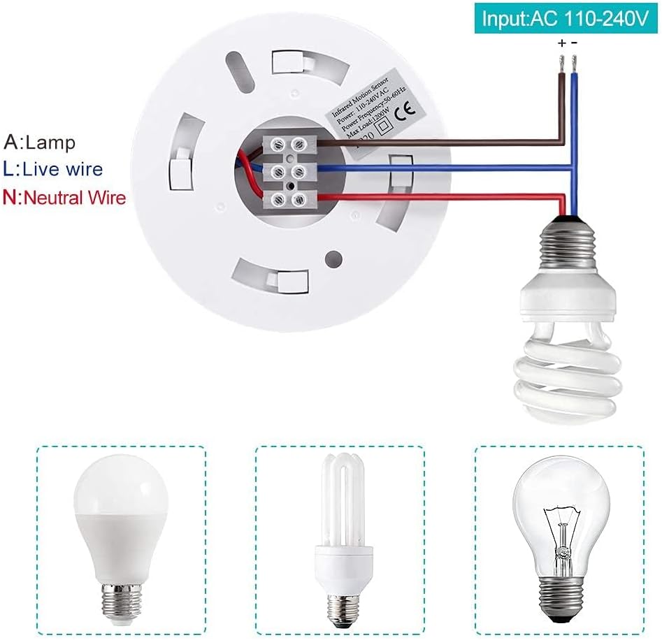 360° Ceiling PIR Motion Sensor Switch, 6m, 1200W High Load, Day Night Auto, Adjustable Delay, AC 220-240V