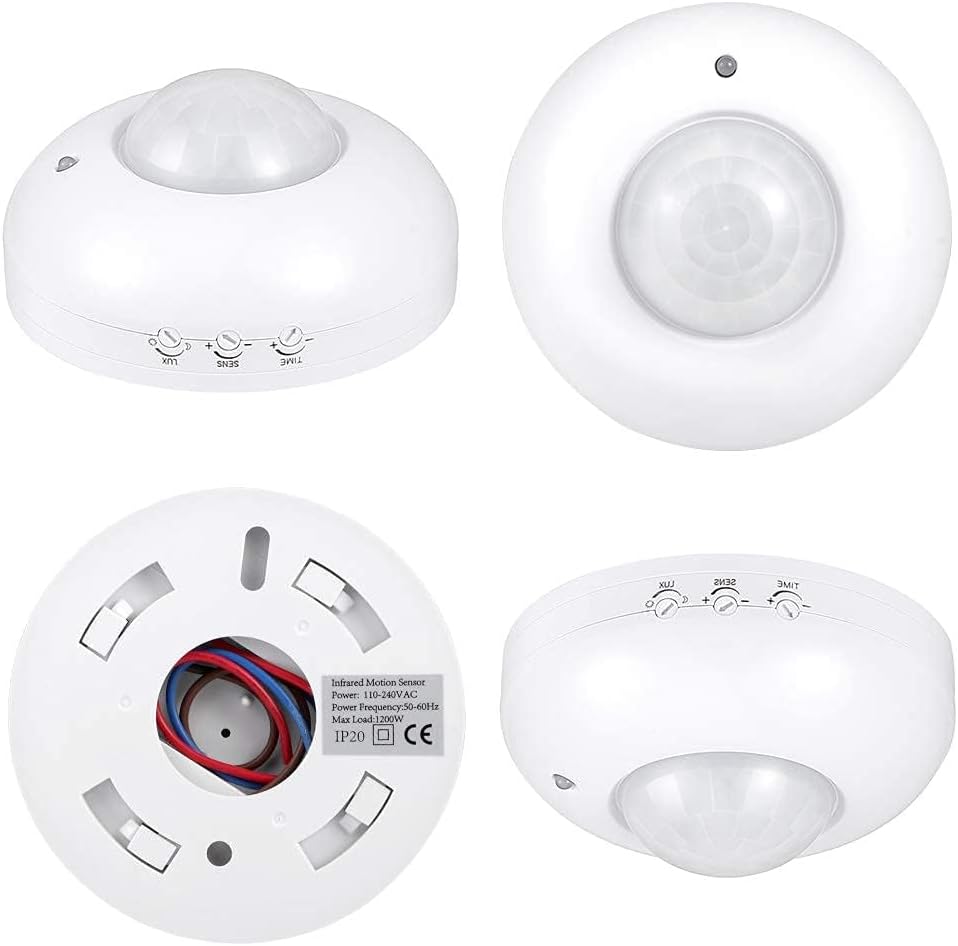 360° Ceiling PIR Motion Sensor Switch, 6m, 1200W High Load, Day Night Auto, Adjustable Delay, AC 220-240V