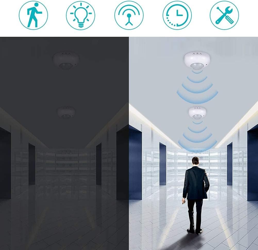 360° Ceiling PIR Motion Sensor Switch, 6m, 1200W High Load, Day Night Auto, Adjustable Delay, AC 220-240V