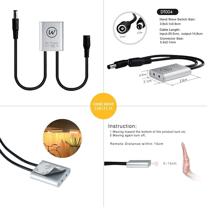 Dual-Mode Wardrobe Sensor Switch (Gesture & Door), DC 12-24V, 72W, 4-6cm for Wardrobe Cabinet Drawer LED Strip