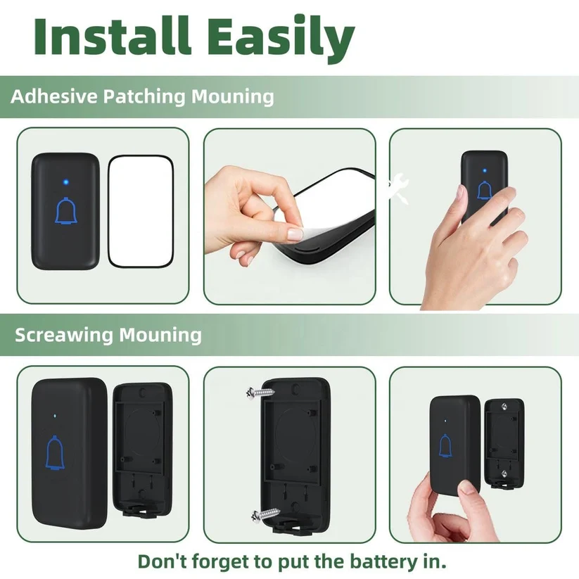 Wireless Doorbell, 58 Chimes, LED Visual Alert, IP44, 4 Volume Levels, 300m Range, Plug-in, No WiFi Needed