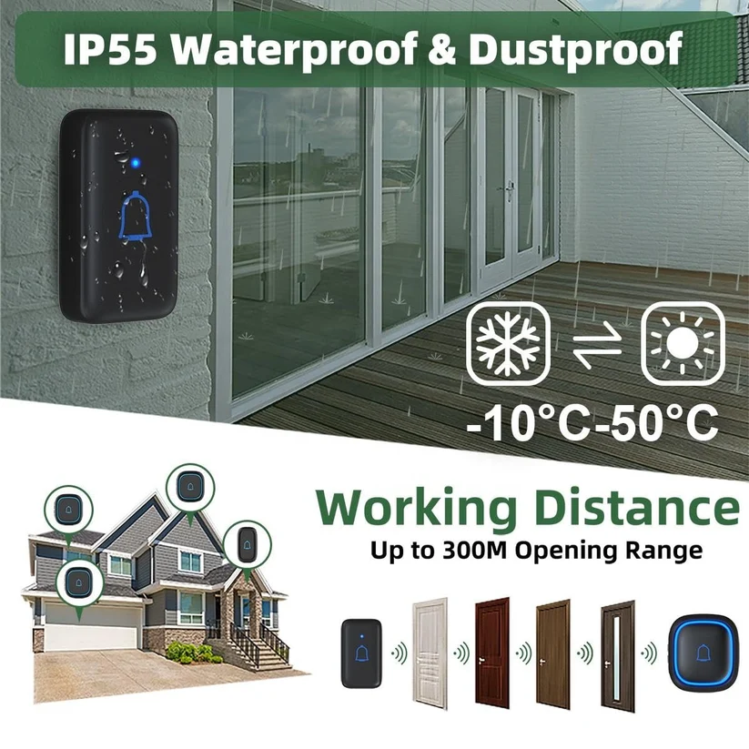 Wireless Doorbell, 58 Chimes, LED Visual Alert, IP44, 4 Volume Levels, 300m Range, Plug-in, No WiFi Needed