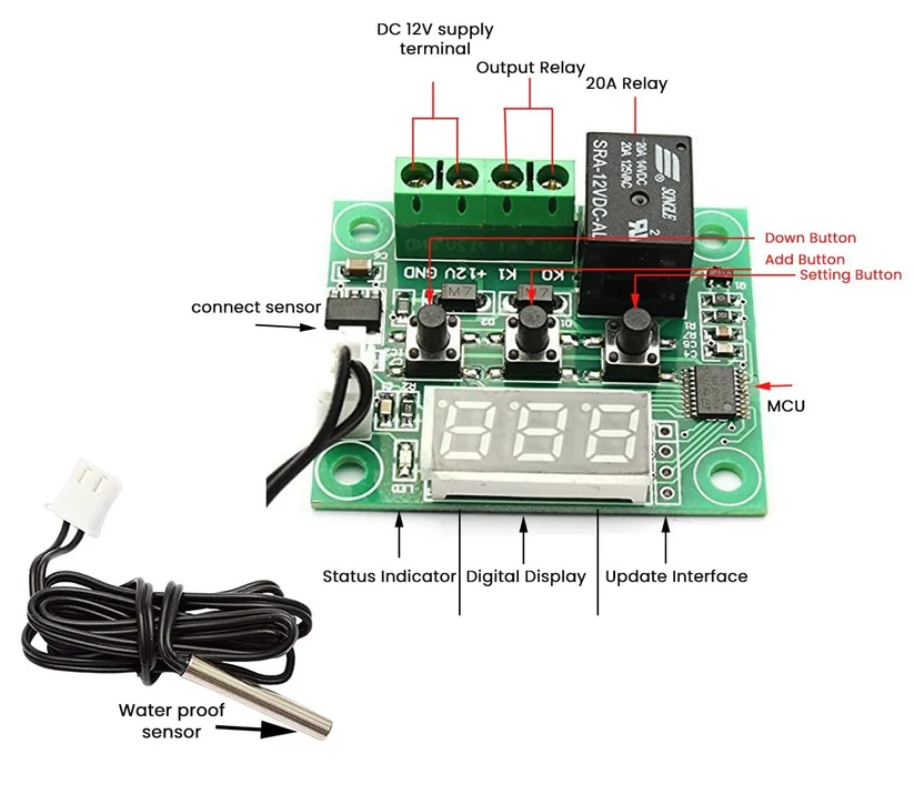 W1209 Mini Digital Temperature Controller Thermostat, -50 to 110°C, 12V DC, 20A, Probe for Aquarium Fridge DIY