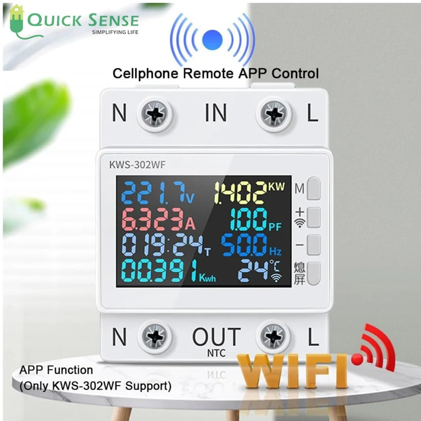 WiFi Smart Energy Meter 63A DIN Rail, 170-270V AC, App Analytics, Color LCD, 8-in-1 for Commercial Smart Home