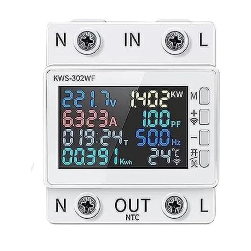 WiFi Smart Energy Meter 63A DIN Rail, 170-270V AC, App Analytics, Color LCD, 8-in-1 for Commercial Smart Home