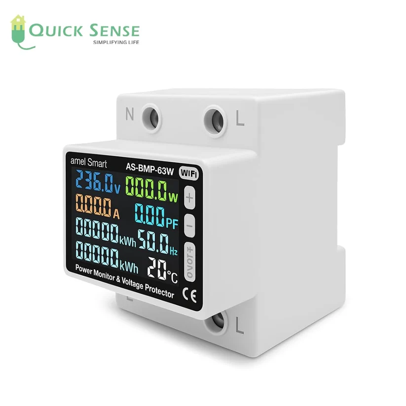 WiFi Smart Energy Meter 63A DIN Rail, 170-270V AC, App Analytics, Color LCD, 8-in-1 for Commercial Smart Home