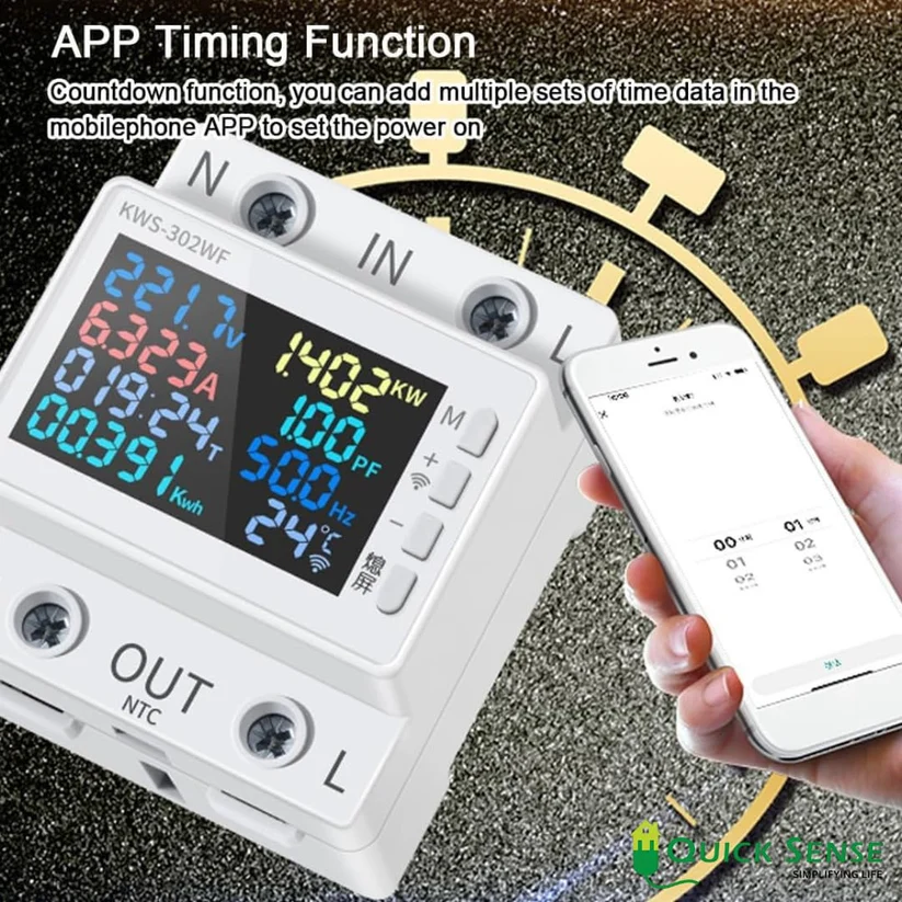 WiFi Smart Energy Meter 63A DIN Rail, 170-270V AC, App Analytics, Color LCD, 8-in-1 for Commercial Smart Home