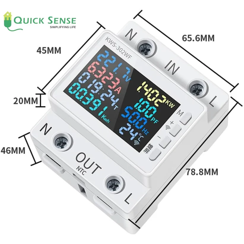 WiFi Smart Energy Meter 63A DIN Rail, 170-270V AC, App Analytics, Color LCD, 8-in-1 for Commercial Smart Home