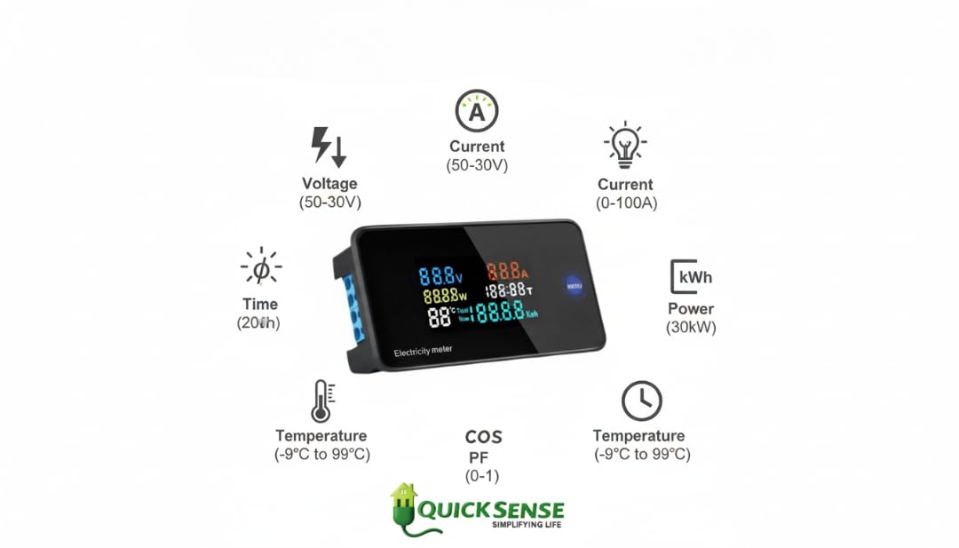 Digital Energy Meter 100A DIN Rail, 50-300V AC, 7-in-1 + Temp Time, Backlit LCD for Lab Home Sub-Metering