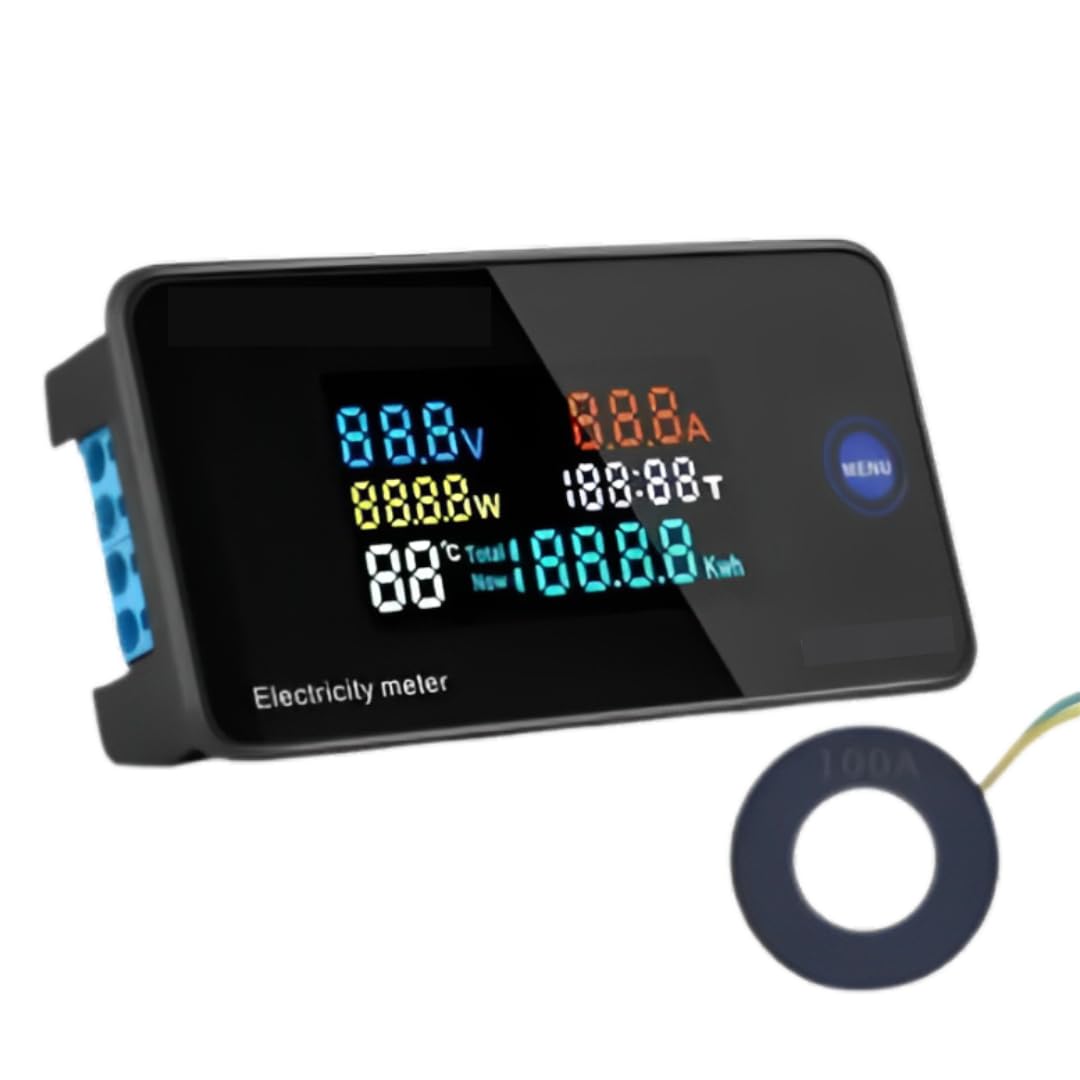 Digital Energy Meter 100A DIN Rail, 50-300V AC, 7-in-1 + Temp Time, Backlit LCD for Lab Home Sub-Metering