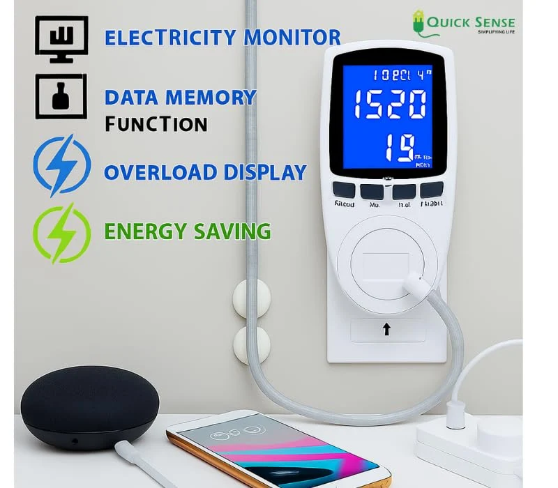 Plug-in Energy Meter 16A, 7-in-1 V A W kWh Hz Cost PF, LCD, Overload Protection for Home Appliance Bill Monitor