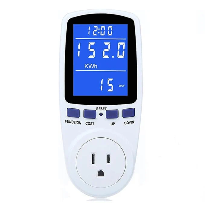 Plug-in Energy Meter 16A, 7-in-1 V A W kWh Hz Cost PF, LCD, Overload Protection for Home Appliance Bill Monitor