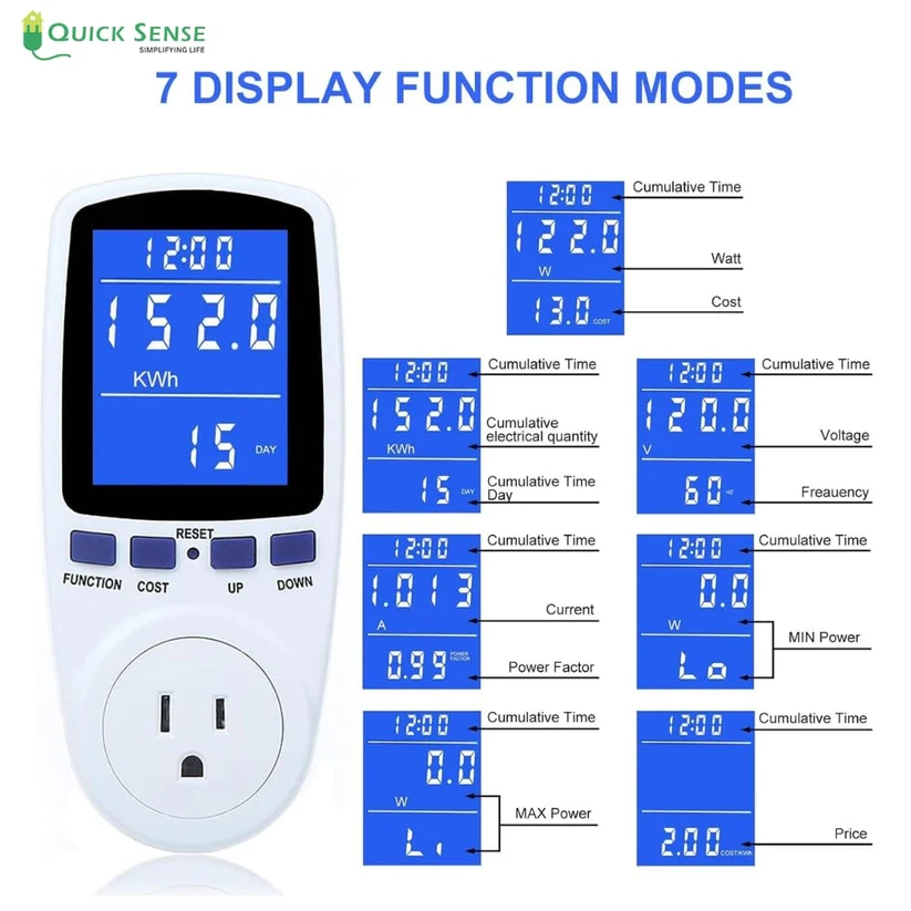 Plug-in Energy Meter 16A, 7-in-1 V A W kWh Hz Cost PF, LCD, Overload Protection for Home Appliance Bill Monitor