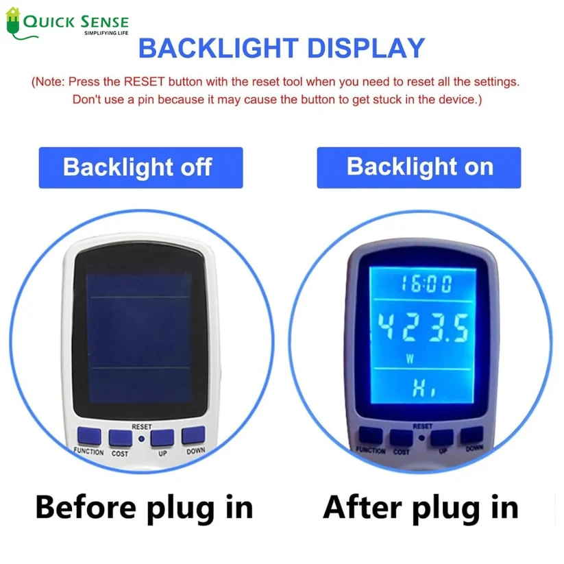 Plug-in Energy Meter 16A, 7-in-1 V A W kWh Hz Cost PF, LCD, Overload Protection for Home Appliance Bill Monitor